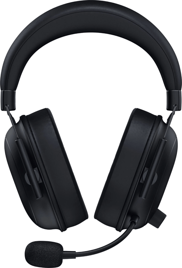Auriculares gaming negros. Micrófono, auriculares y diadema visibles.