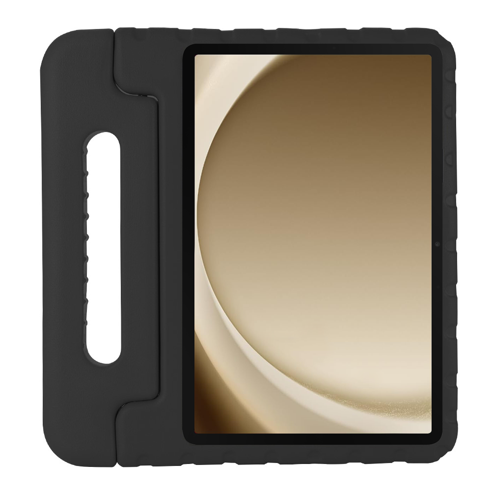 A black tablet in a handle case. The screen is on.