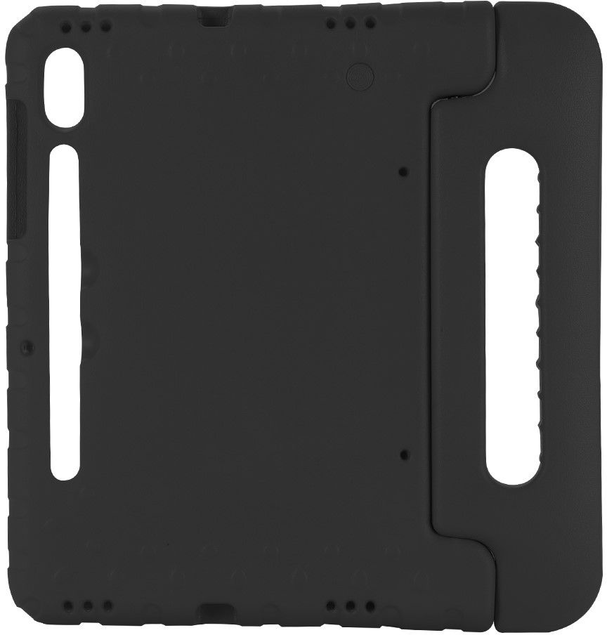 Black tablet case with a handle and openings for buttons, camera, and screen.