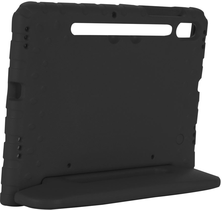 A black protective tablet case. It has a handle and a stand.