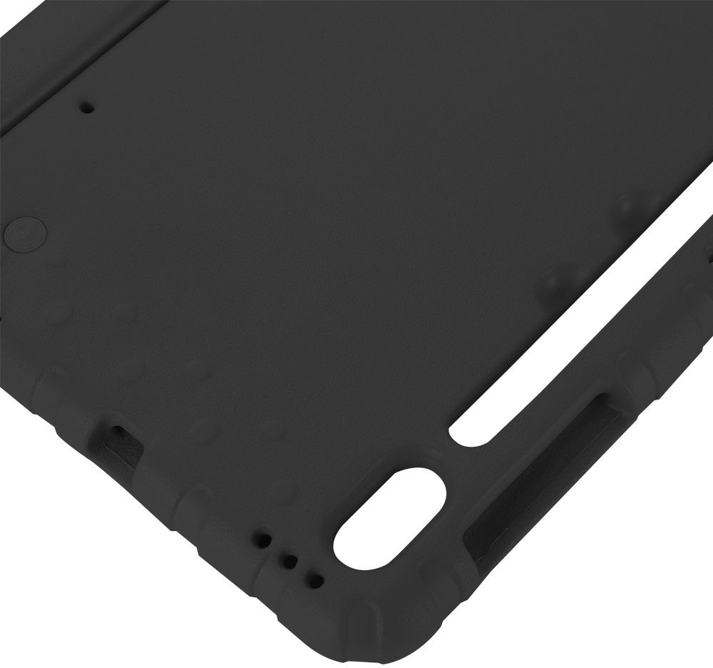 Close-up of a black tablet case with cutouts for ports and buttons.