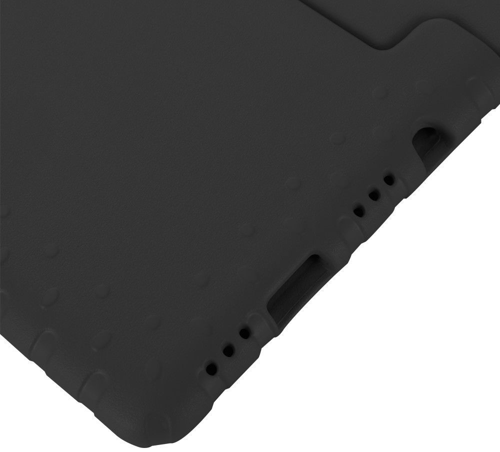 Close-up of a black tablet case. Shows cutouts for ports and buttons, with a textured surface.