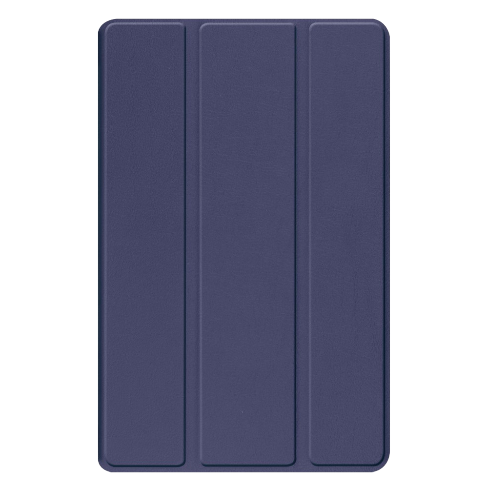 A navy blue tablet case, closed and viewed from above, showing the three-panel design.