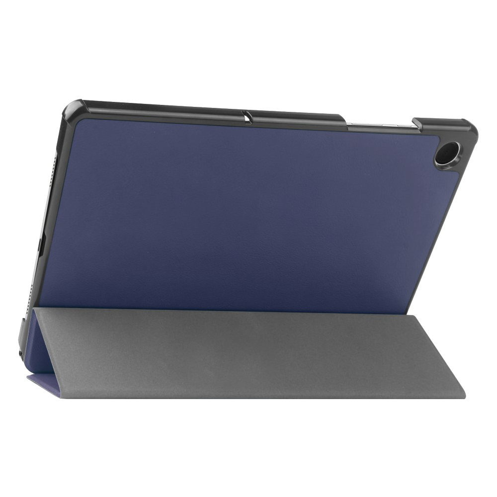 A tablet case in a dark blue color, with a foldable stand.
