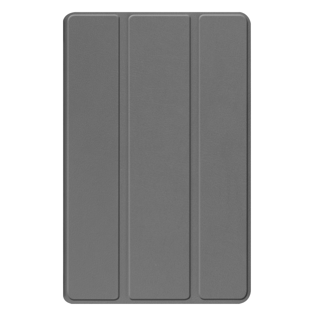 Gray tablet case, folded with vertical panels. The surface has a subtle texture.