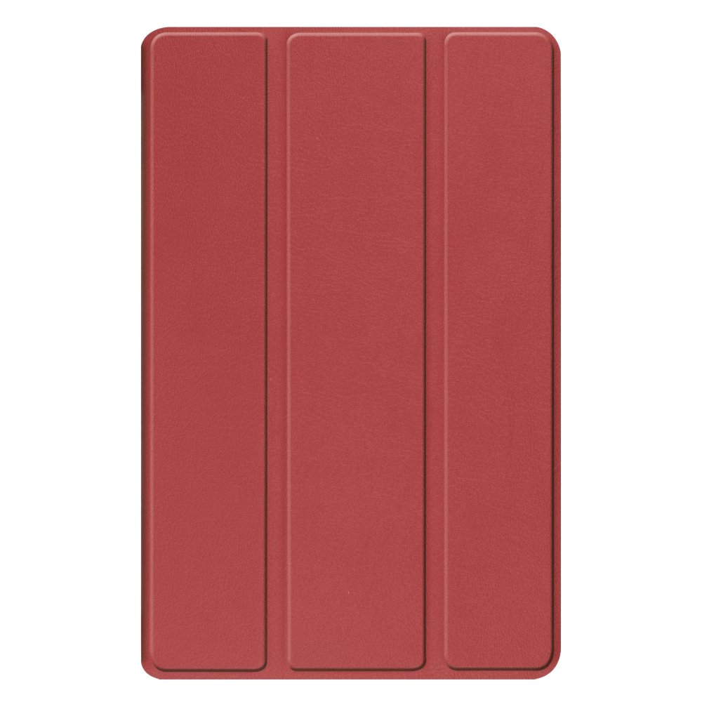 A red tablet case, closed and viewed from above, showing the three-panel design.
