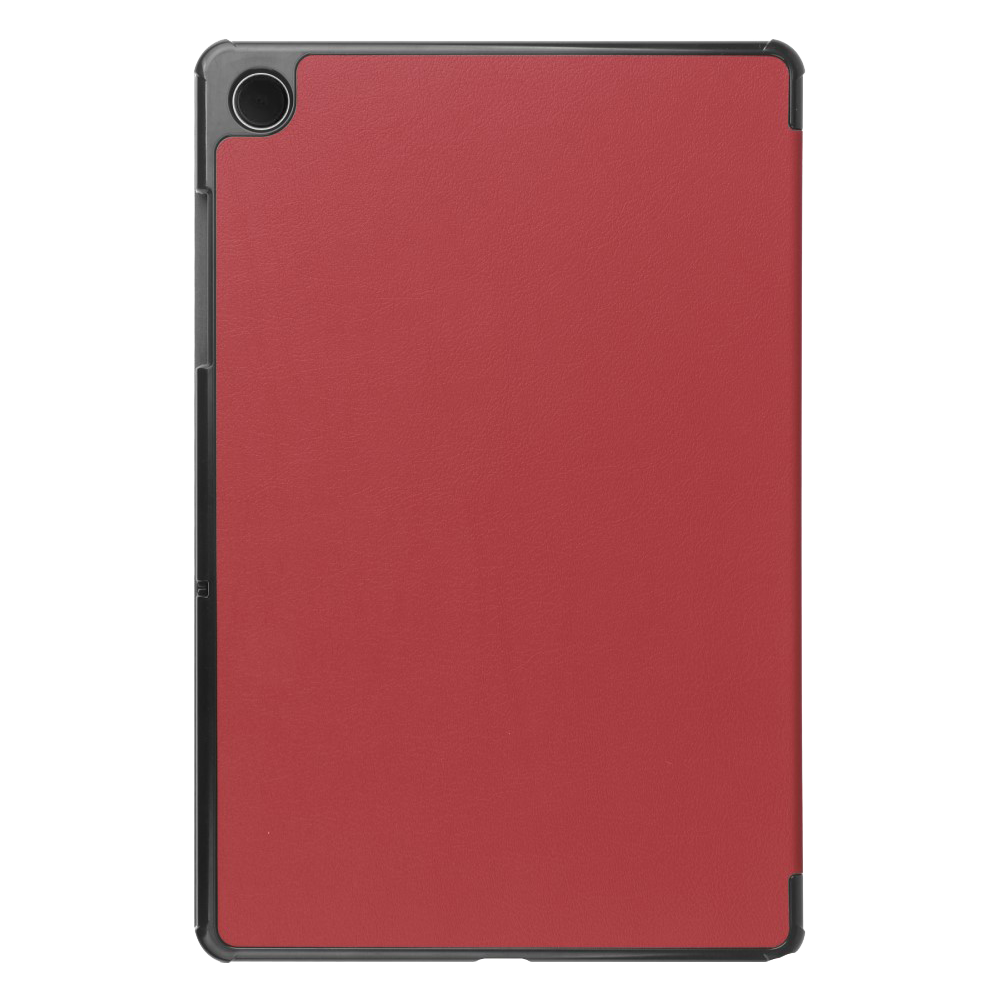 A red tablet in a black case. The tablet's back is red, with a camera lens.