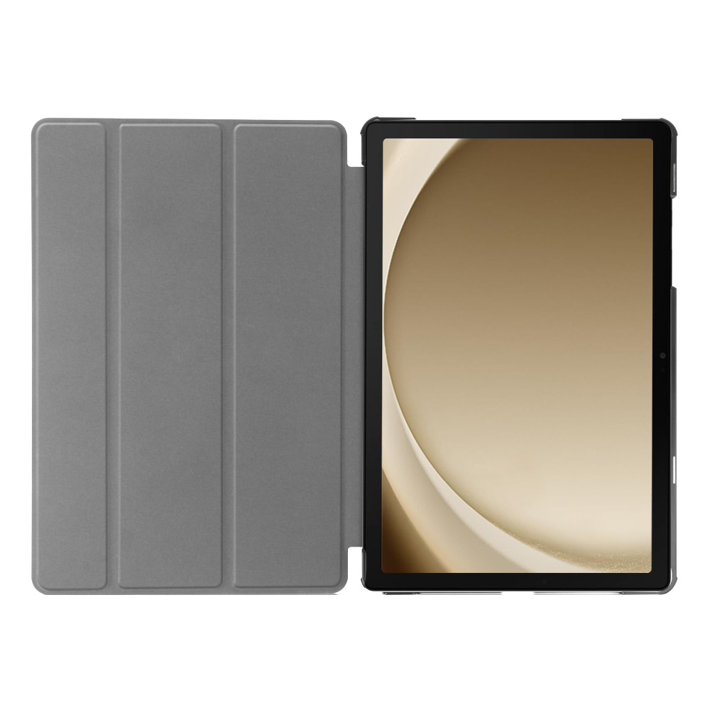 Tablet with a closed gray case. Screen is on, showing a golden-brown image.