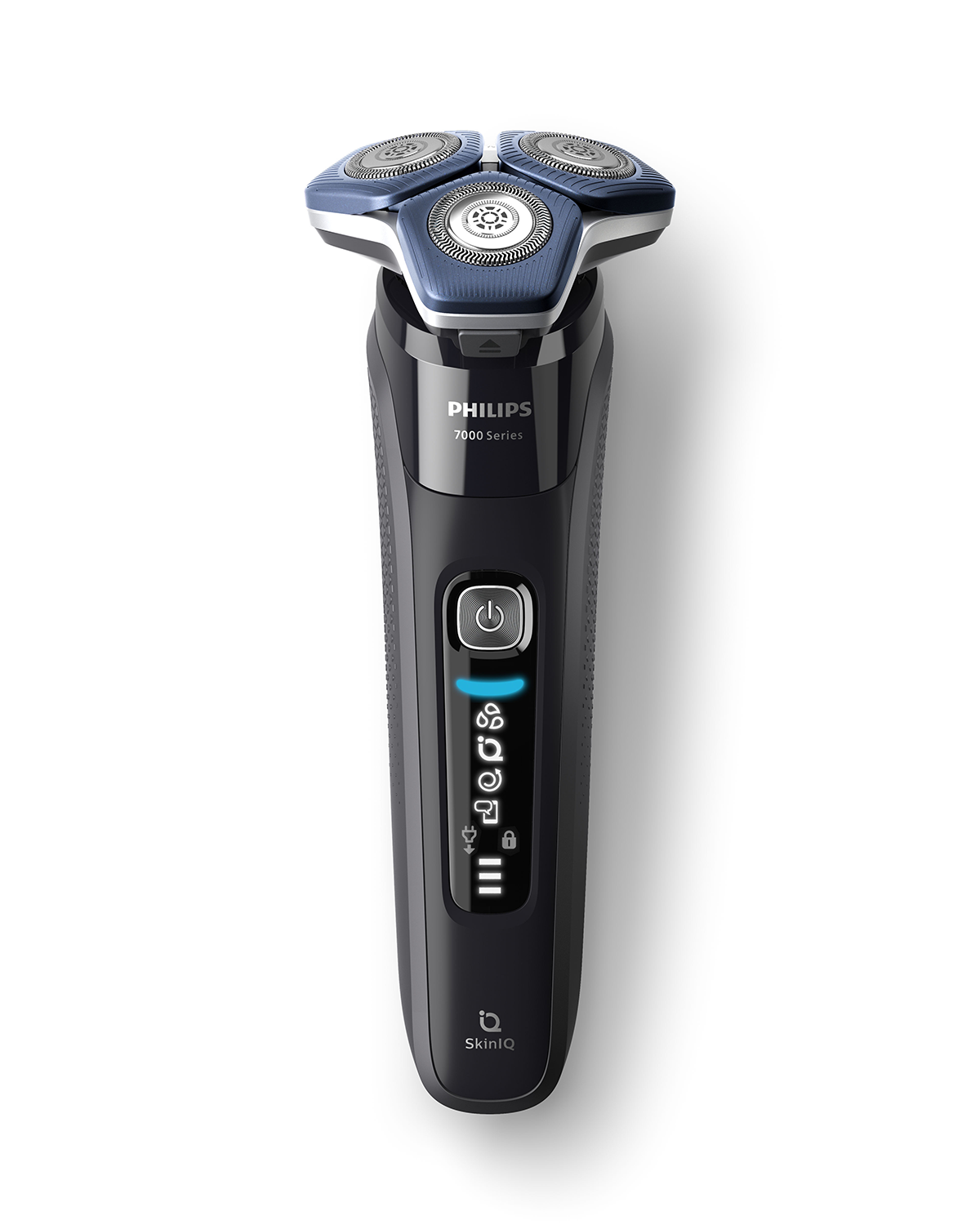 Black Philips shaver with blue accents, power button, and display screen, set against a white background.
