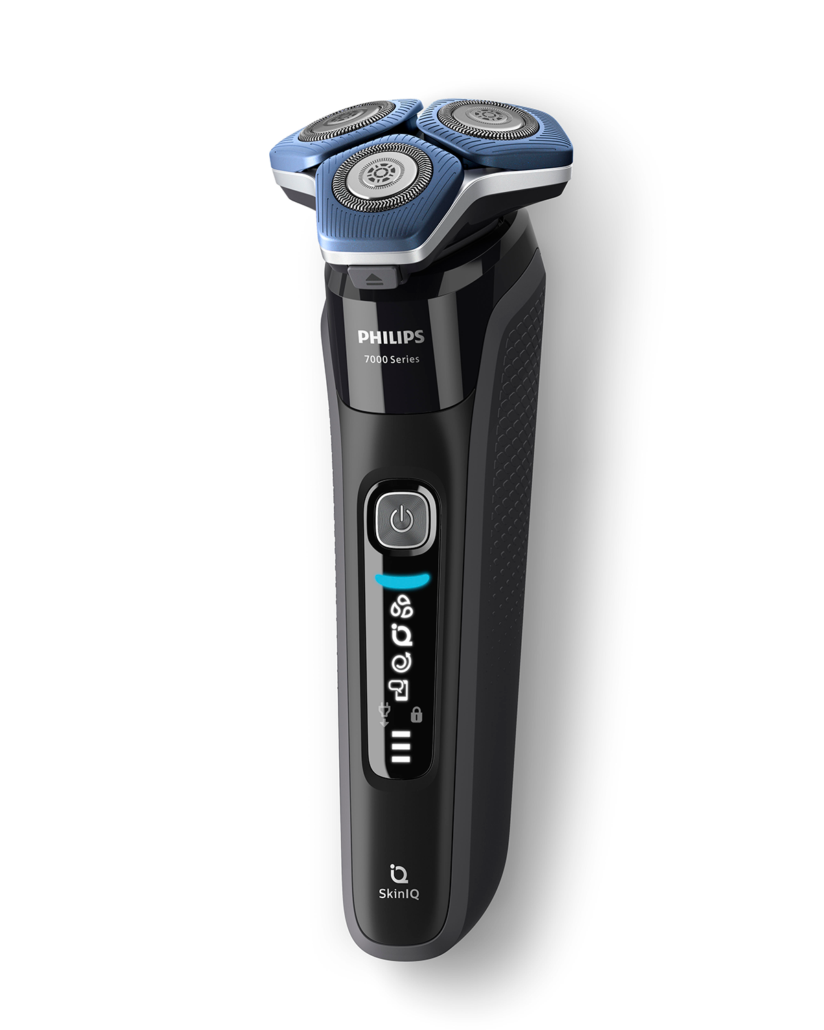 A black and silver Philips electric shaver, standing vertically against a white background.