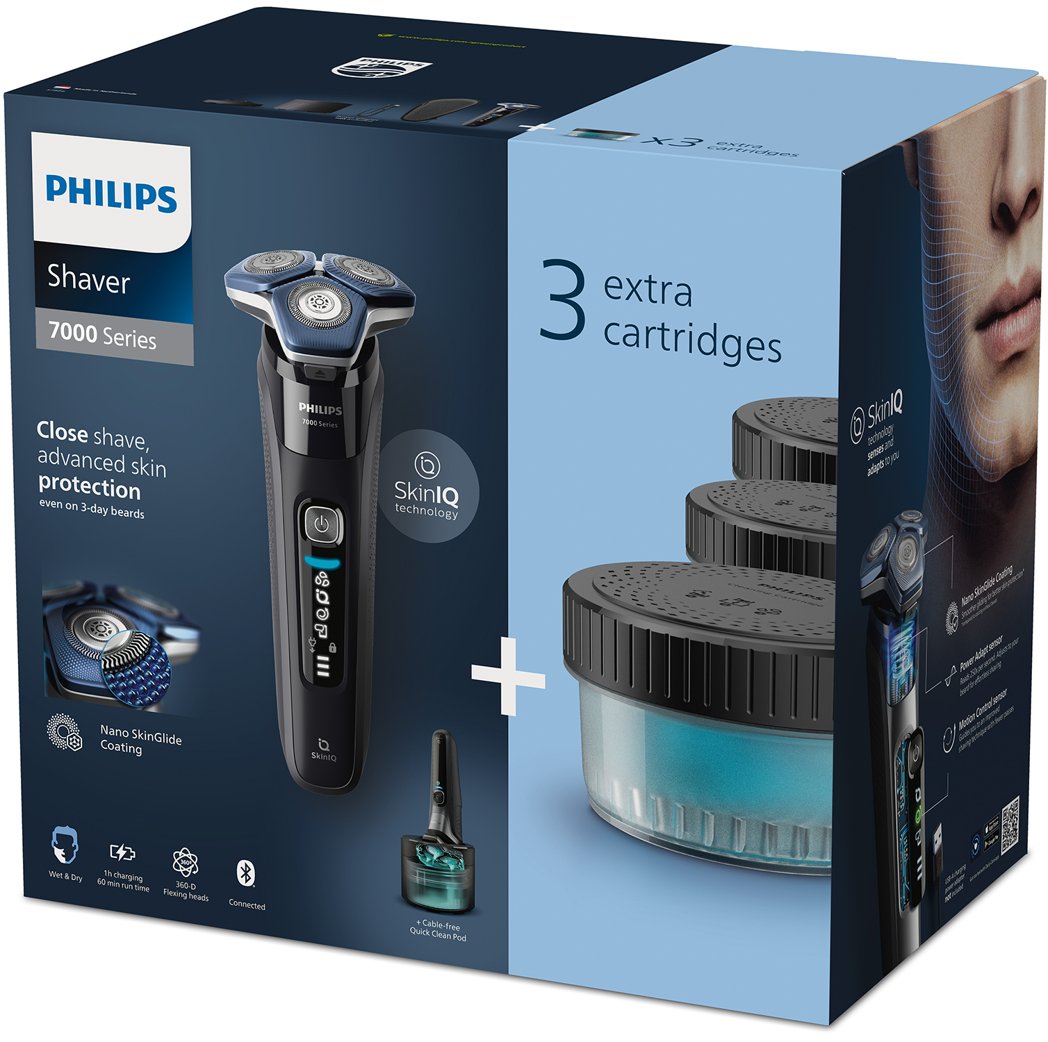 Philips electric shaver in box with 3 cartridges, featuring the shaver and additional accessories.