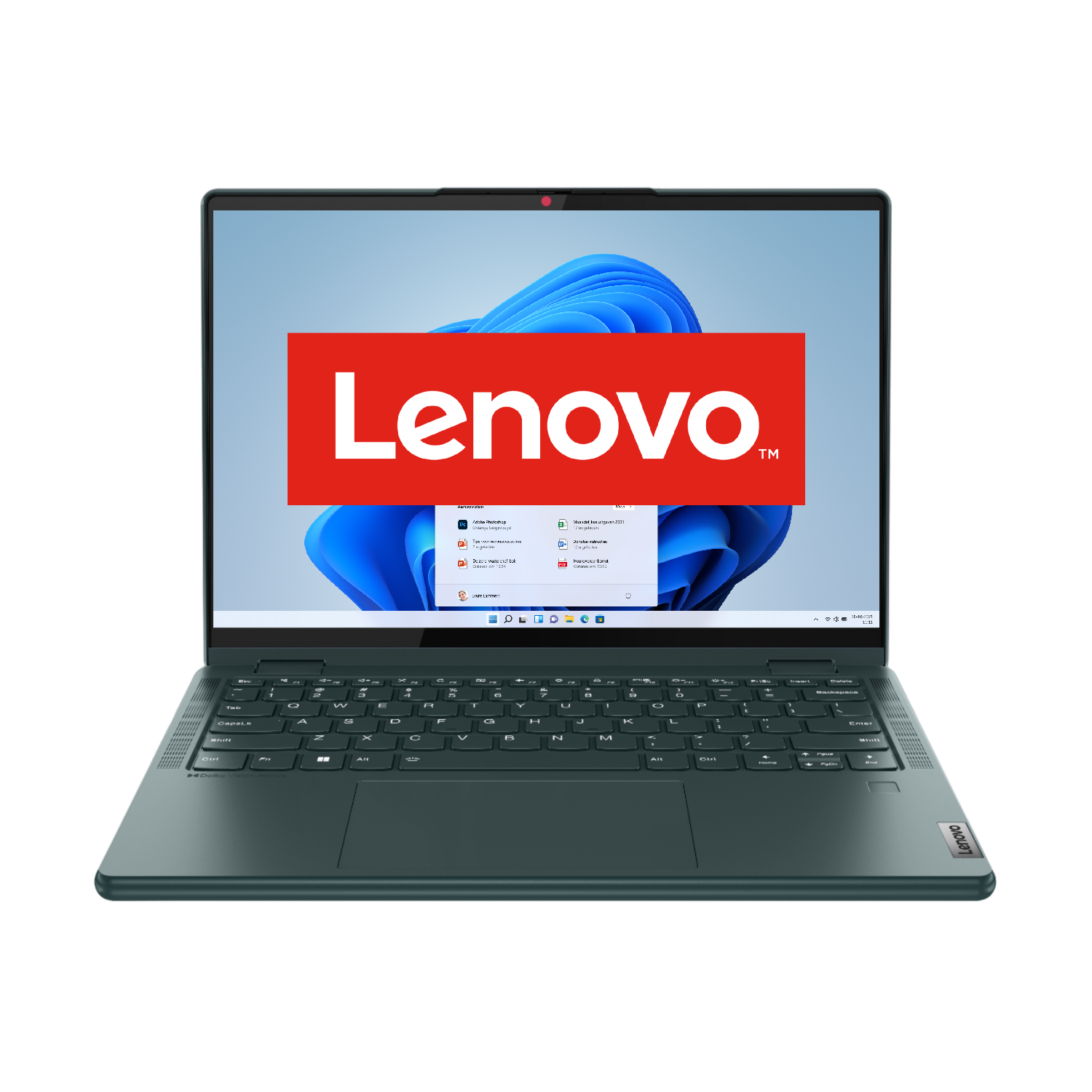 Lenovo laptop met het Lenovo logo op het scherm, donkergroene behuizing.
