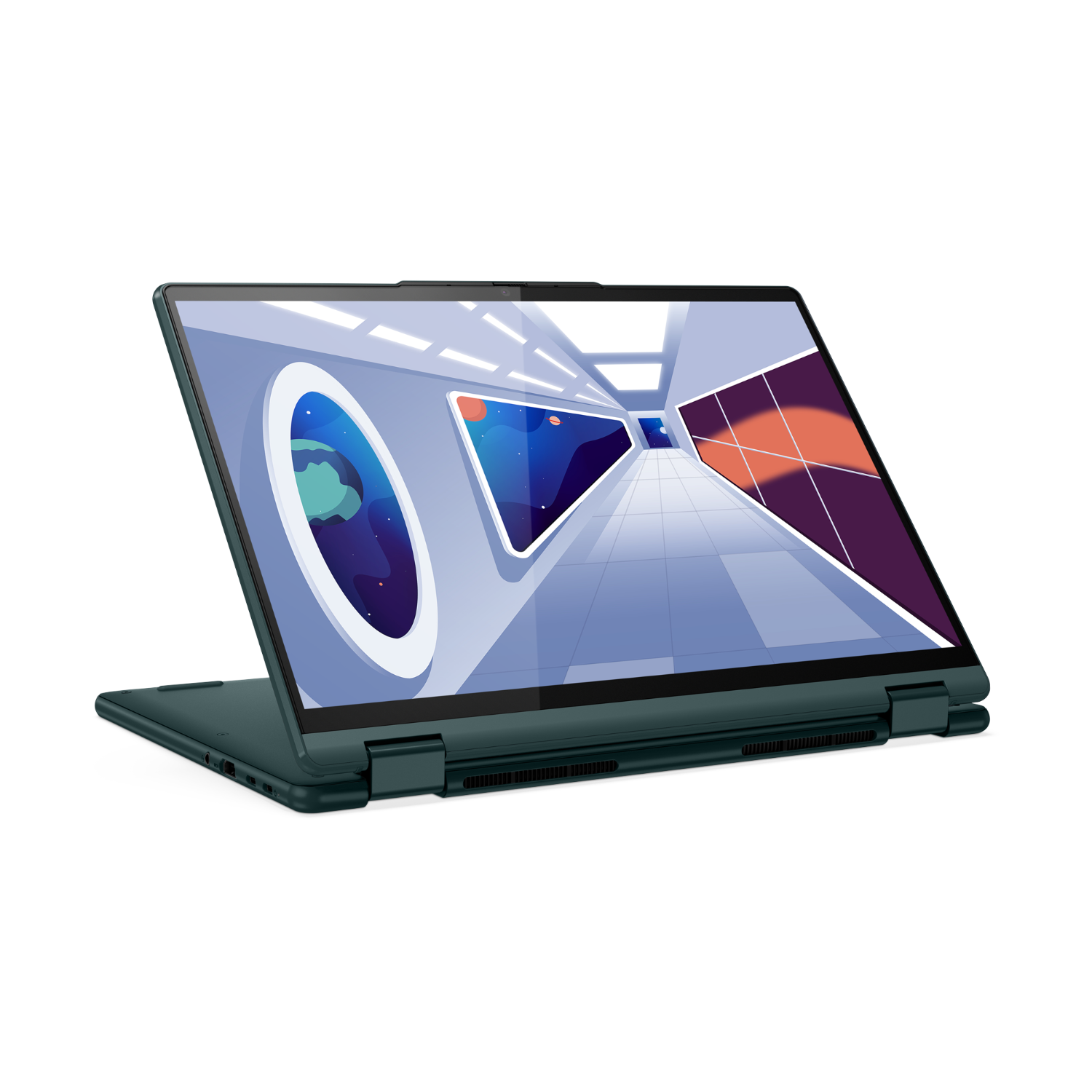 Groene laptop open met een kleurrijke ruimte op het scherm.