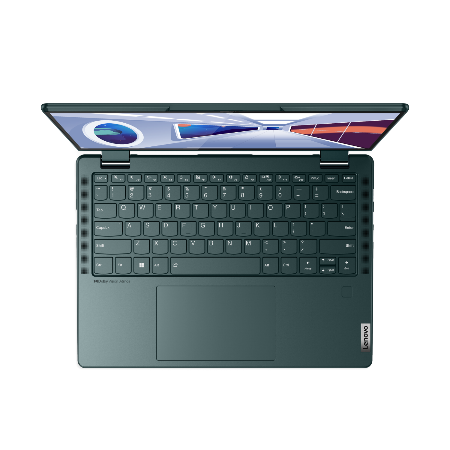 Laptop, bovenaanzicht, met toetsenbord, touchpad en open scherm.