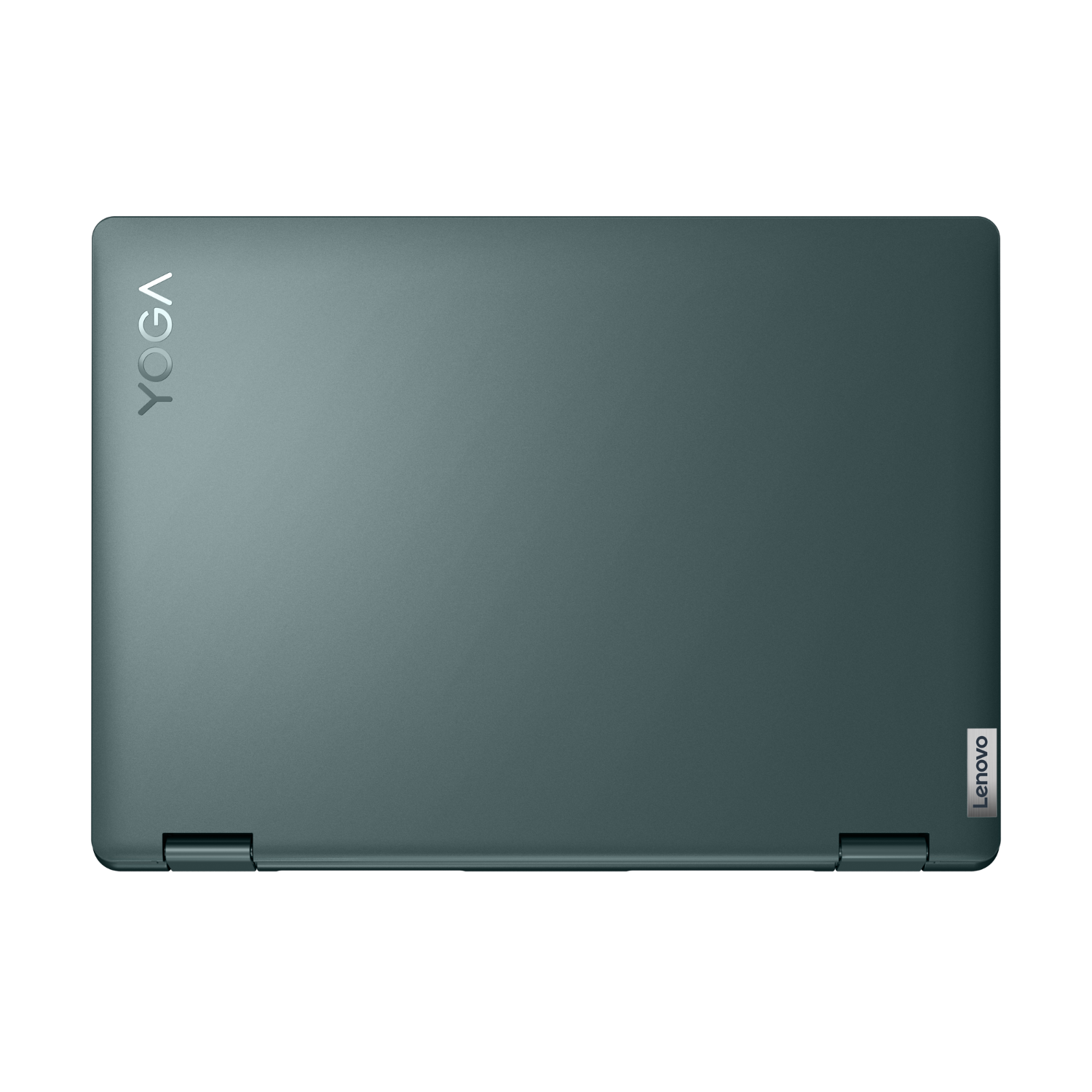 Een Lenovo Yoga laptop met het bovenoppervlak zichtbaar, met het logo.