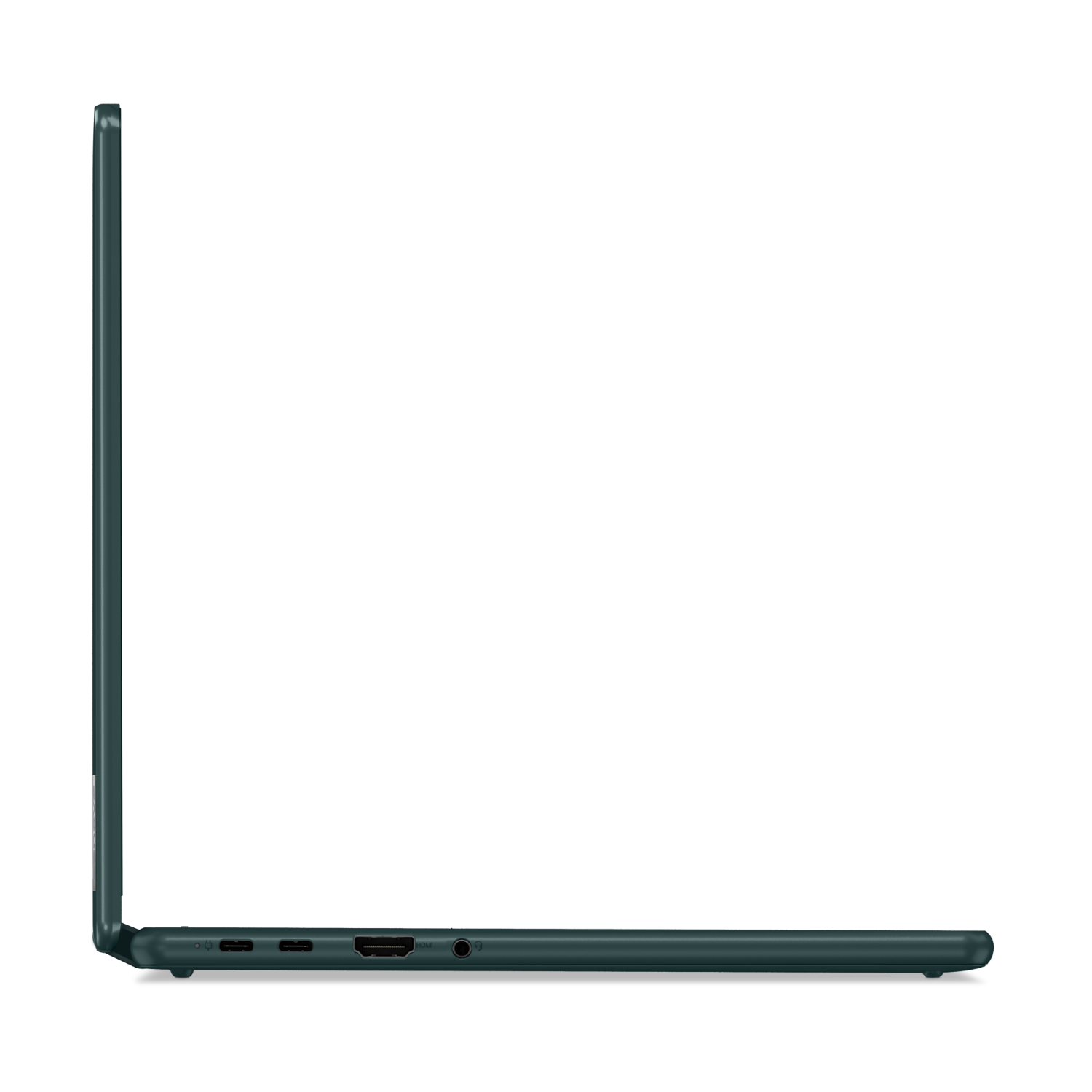 Een zijaanzicht van een groene laptop met een zwarte achtergrond.