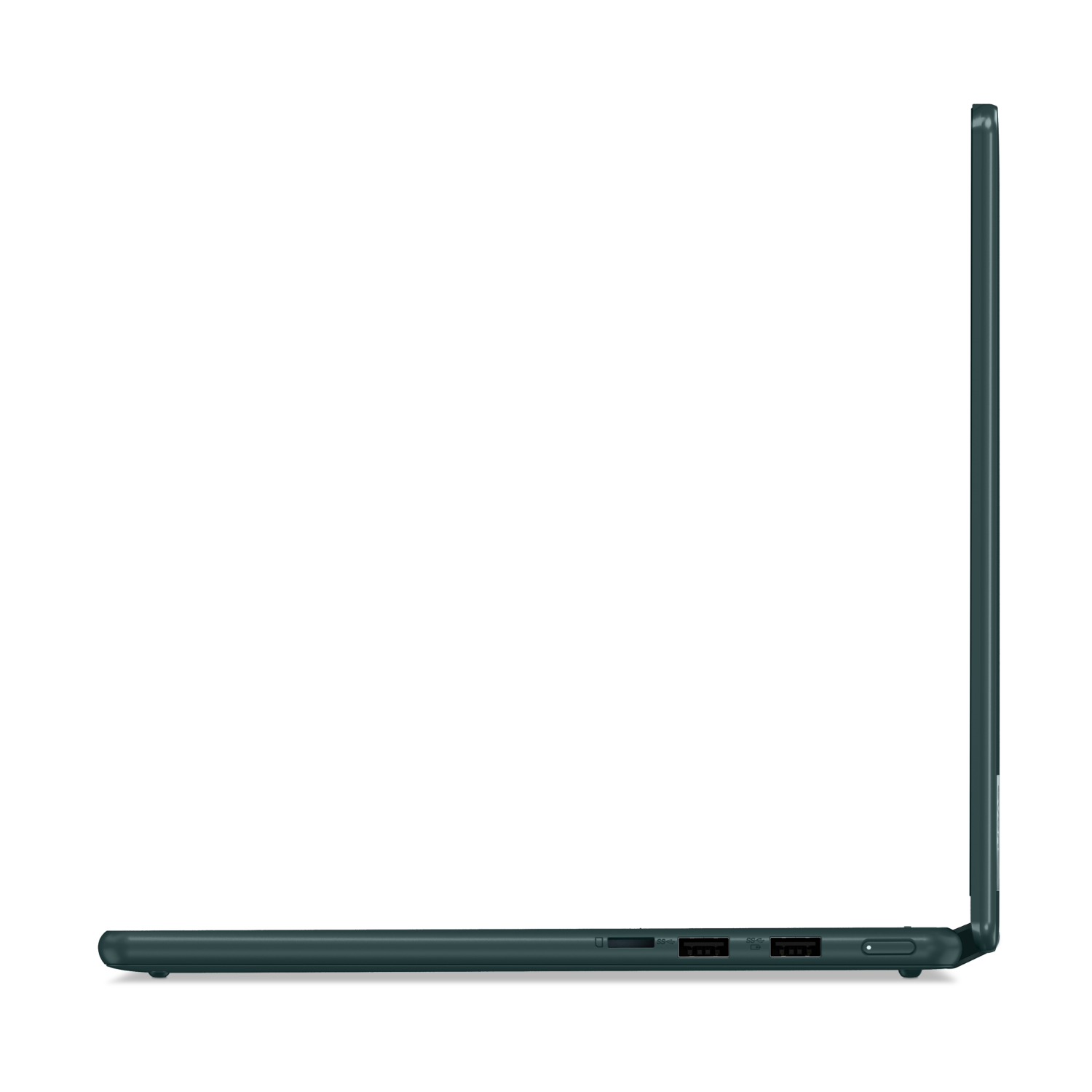 Een laptop, groen, zijaanzicht, gesloten op een zwarte achtergrond, met poorten.