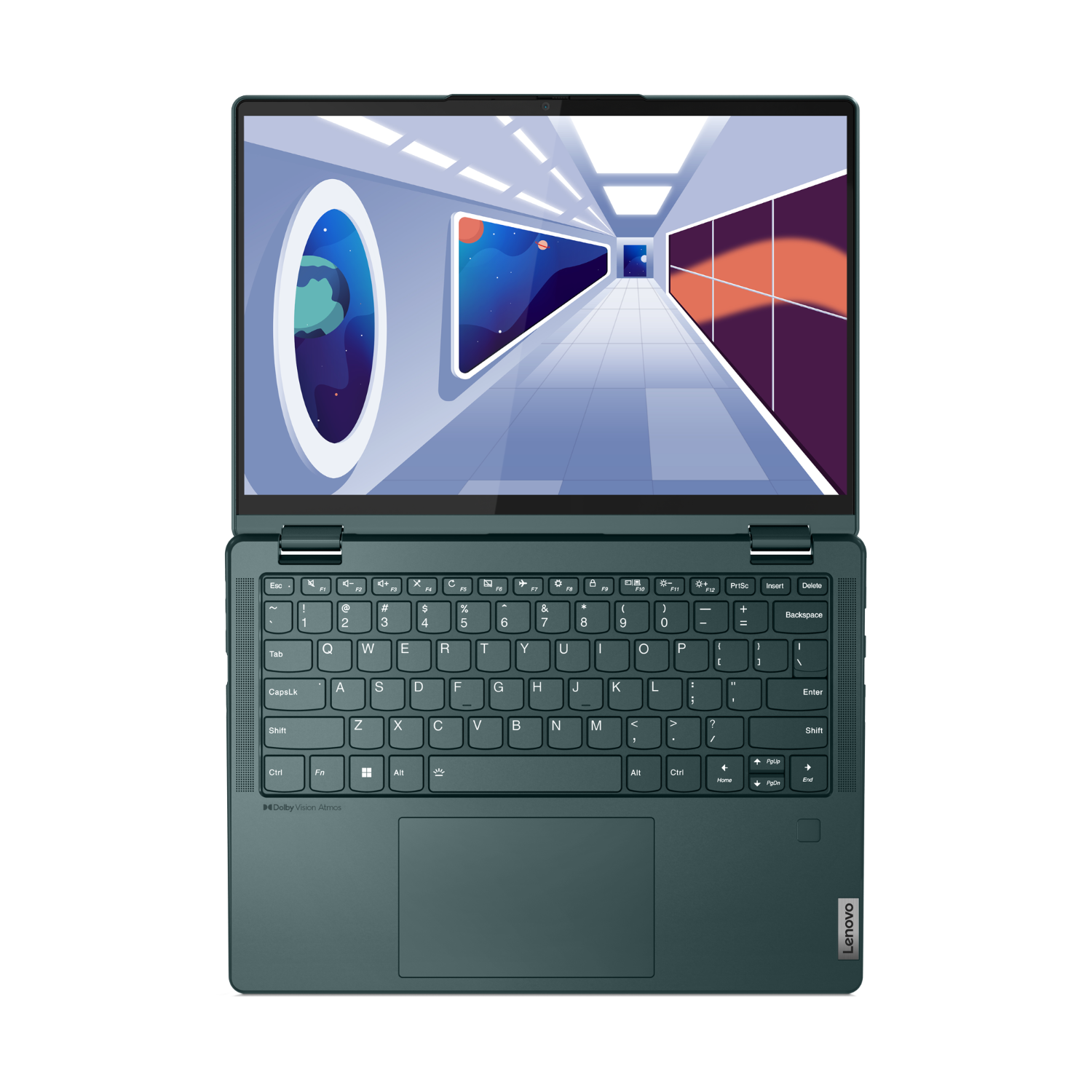 Laptop open, met een ruimtescène op het scherm. Donkergroen toetsenbord. Zwarte achtergrond.