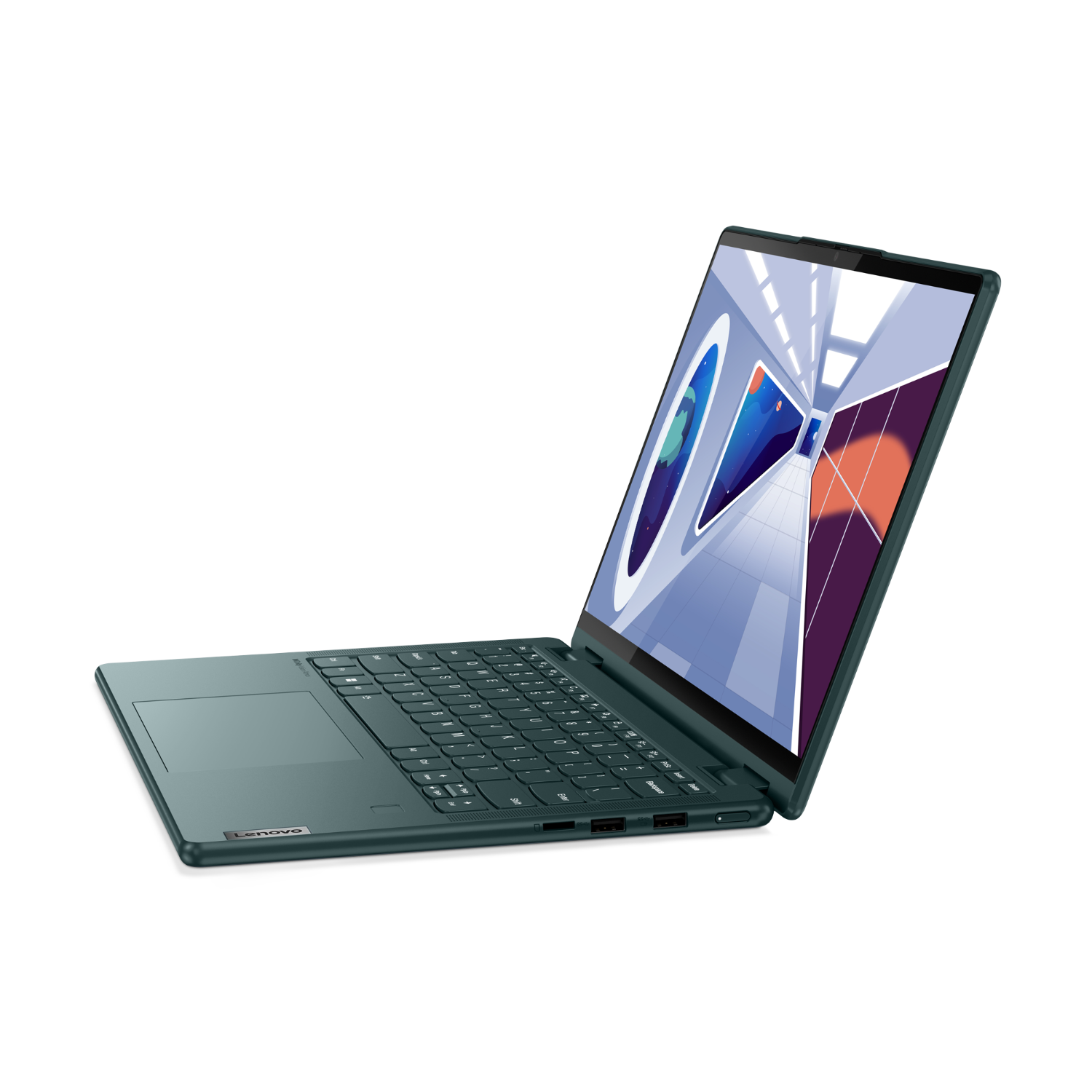 Een teal laptop op een zwarte achtergrond. Het scherm toont een abstract ontwerp. Het toetsenbord is zichtbaar.