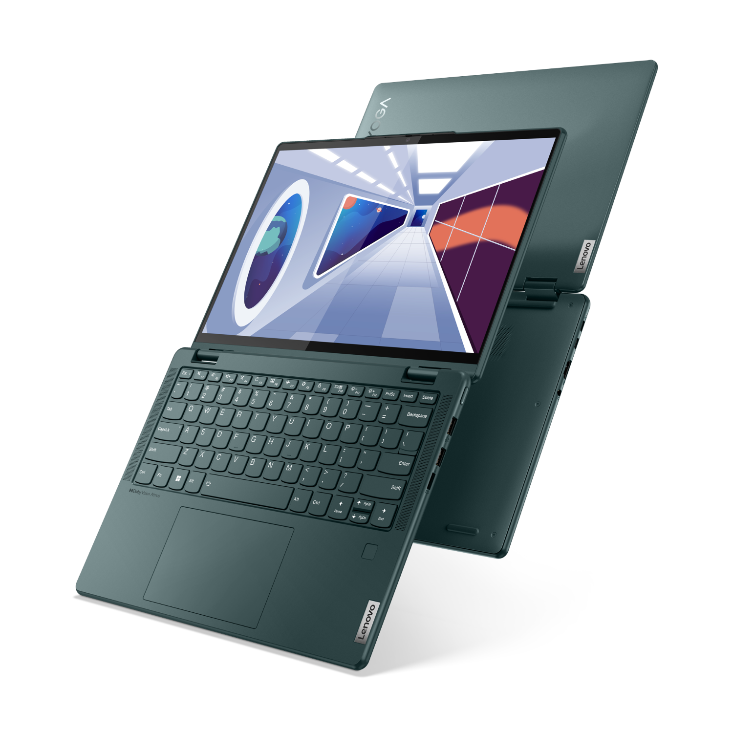 Groene Lenovo Yoga laptop, open, met kleurrijke ruimtescène.