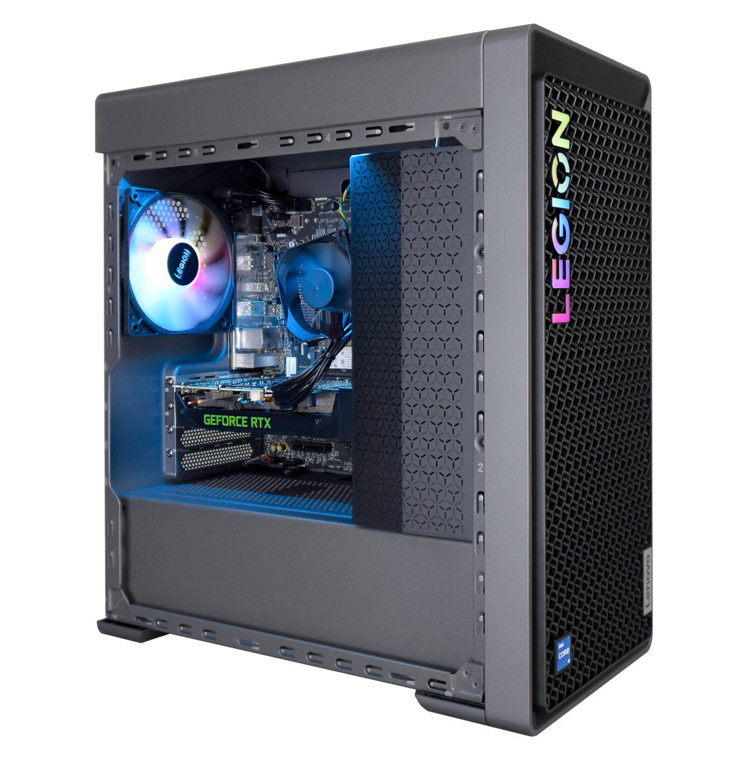 Obudowa komputera gamingowego Lenovo Legion z podświetleniem RGB i przezroczystym panelem bocznym, pokazująca elementy wewnętrzne.