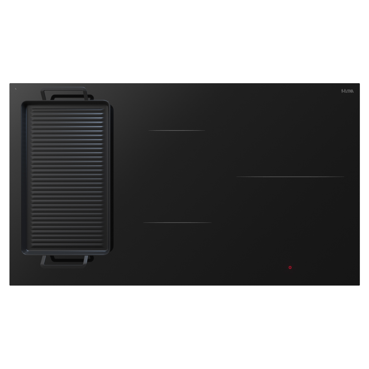 A black induction cooktop with a griddle and red light on a black background.
