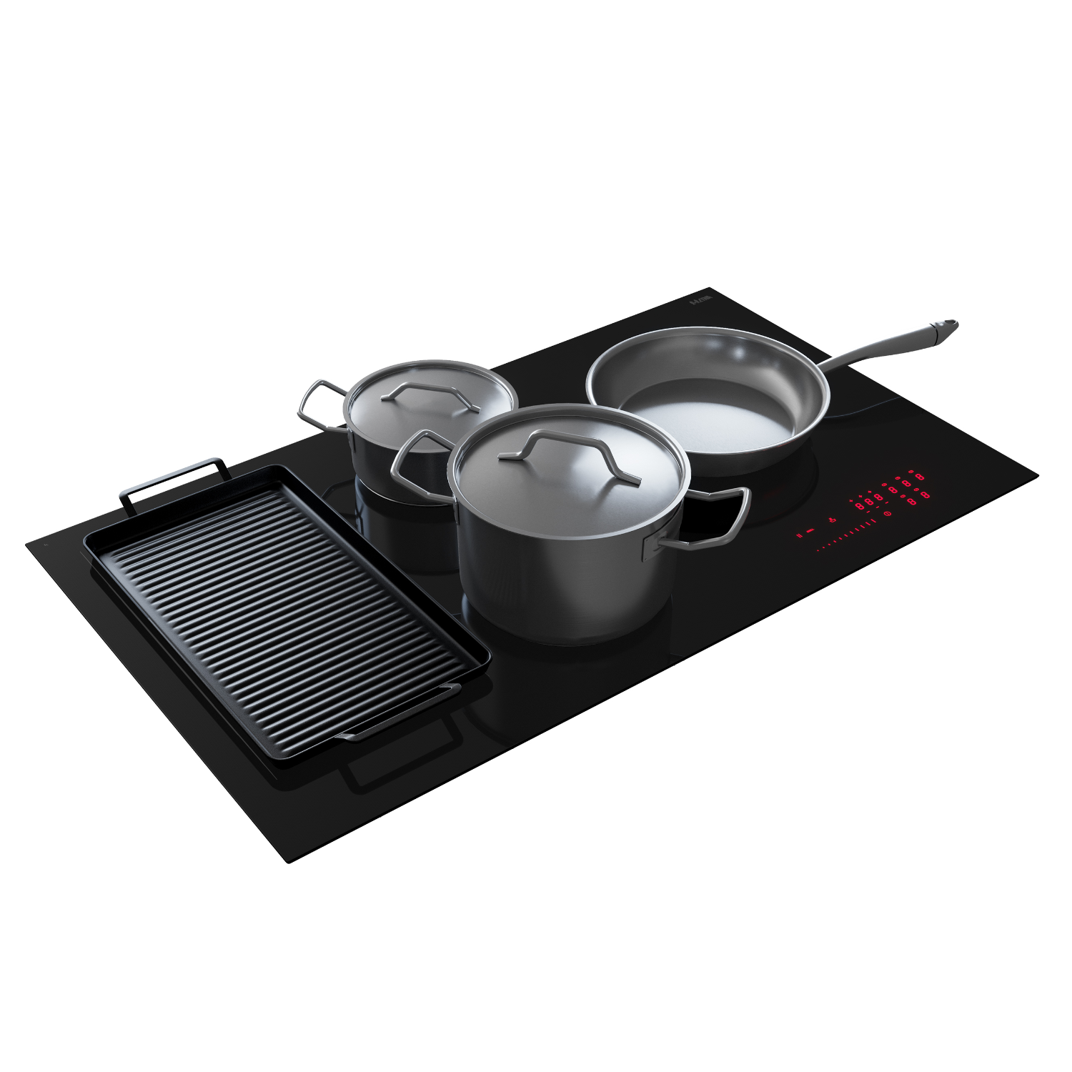 Black electric cooktop with pots, pan, and grill pan on top, white background.