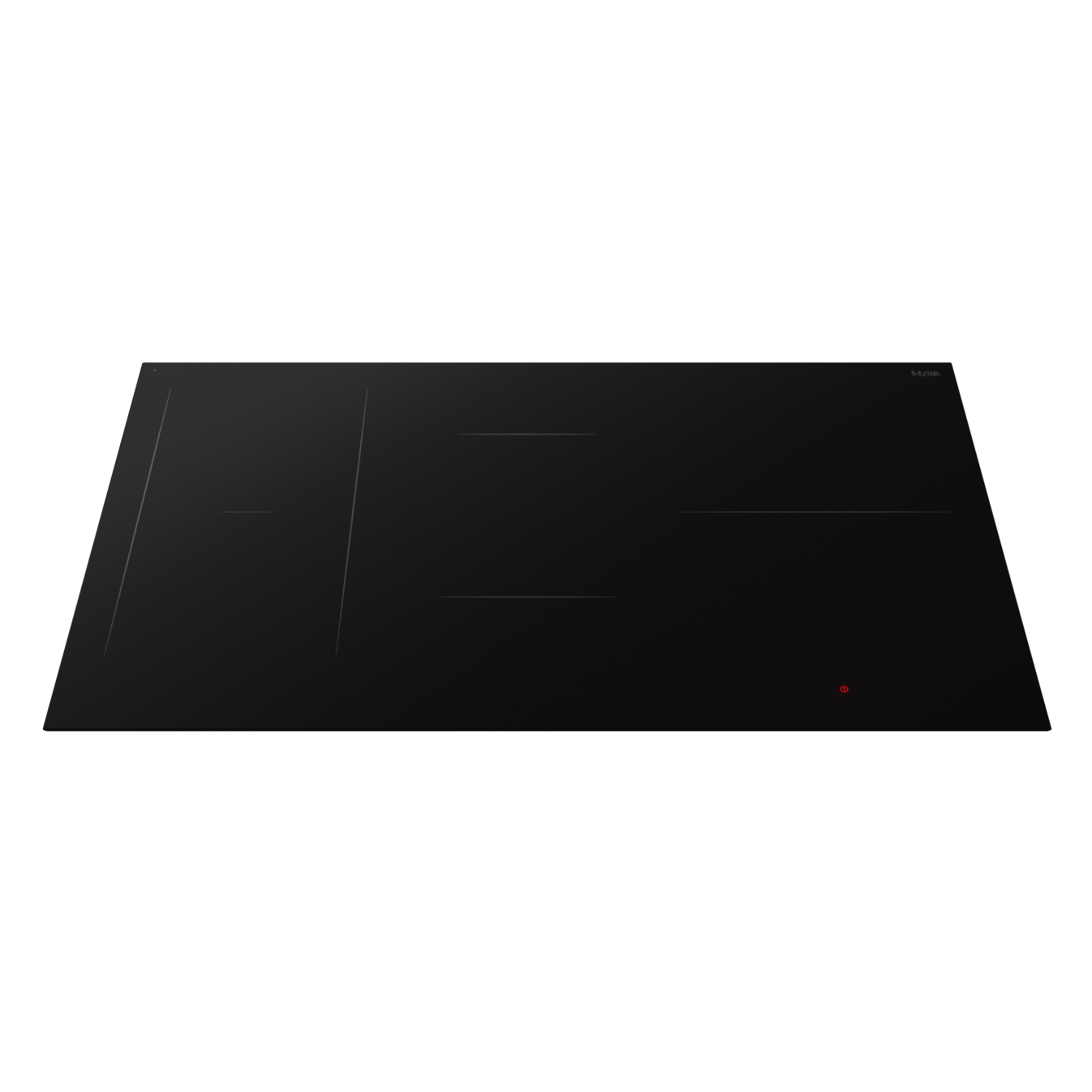 A black induction cooktop with four cooking zones and a red power indicator light.