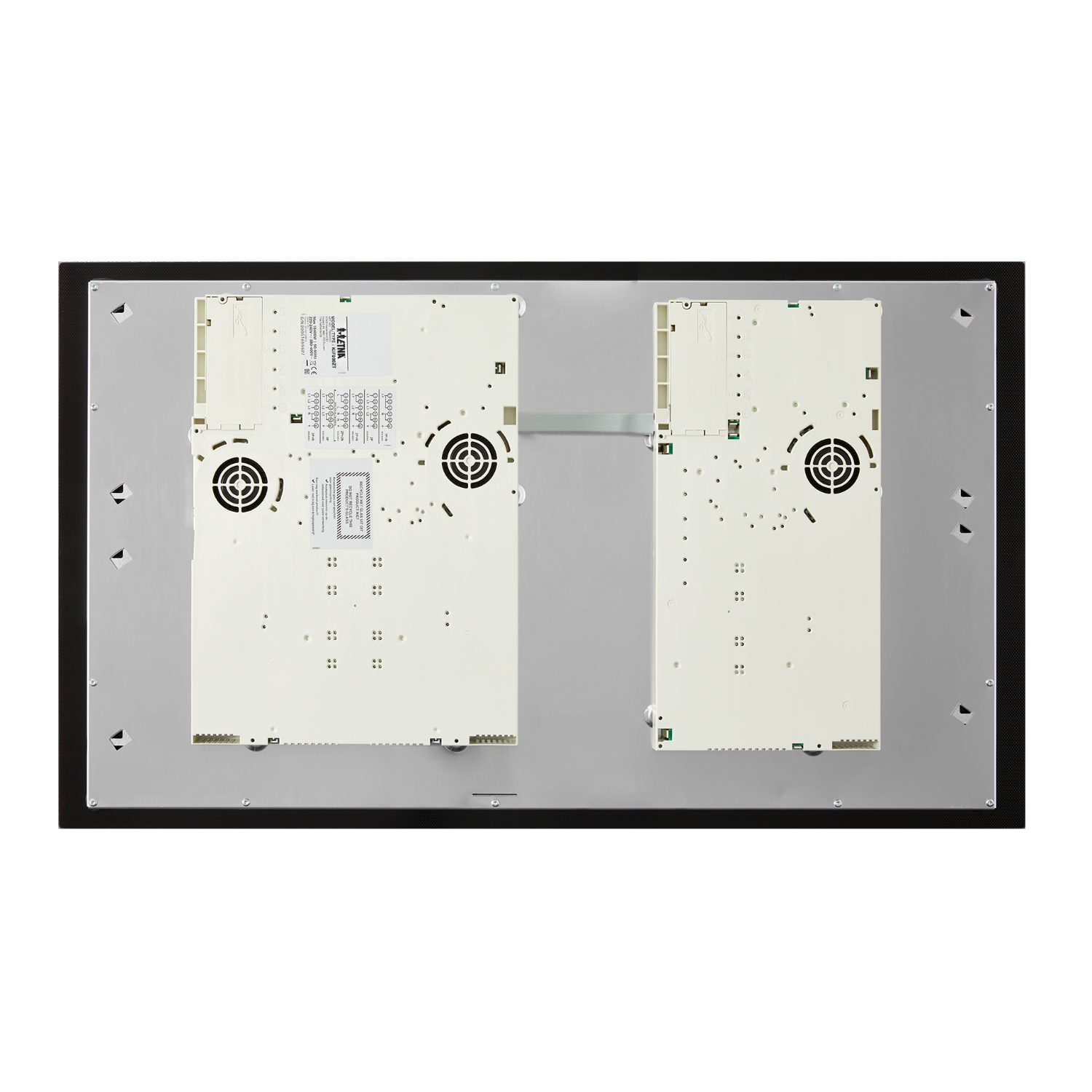 Underside of a screen with two white boards and a black frame.