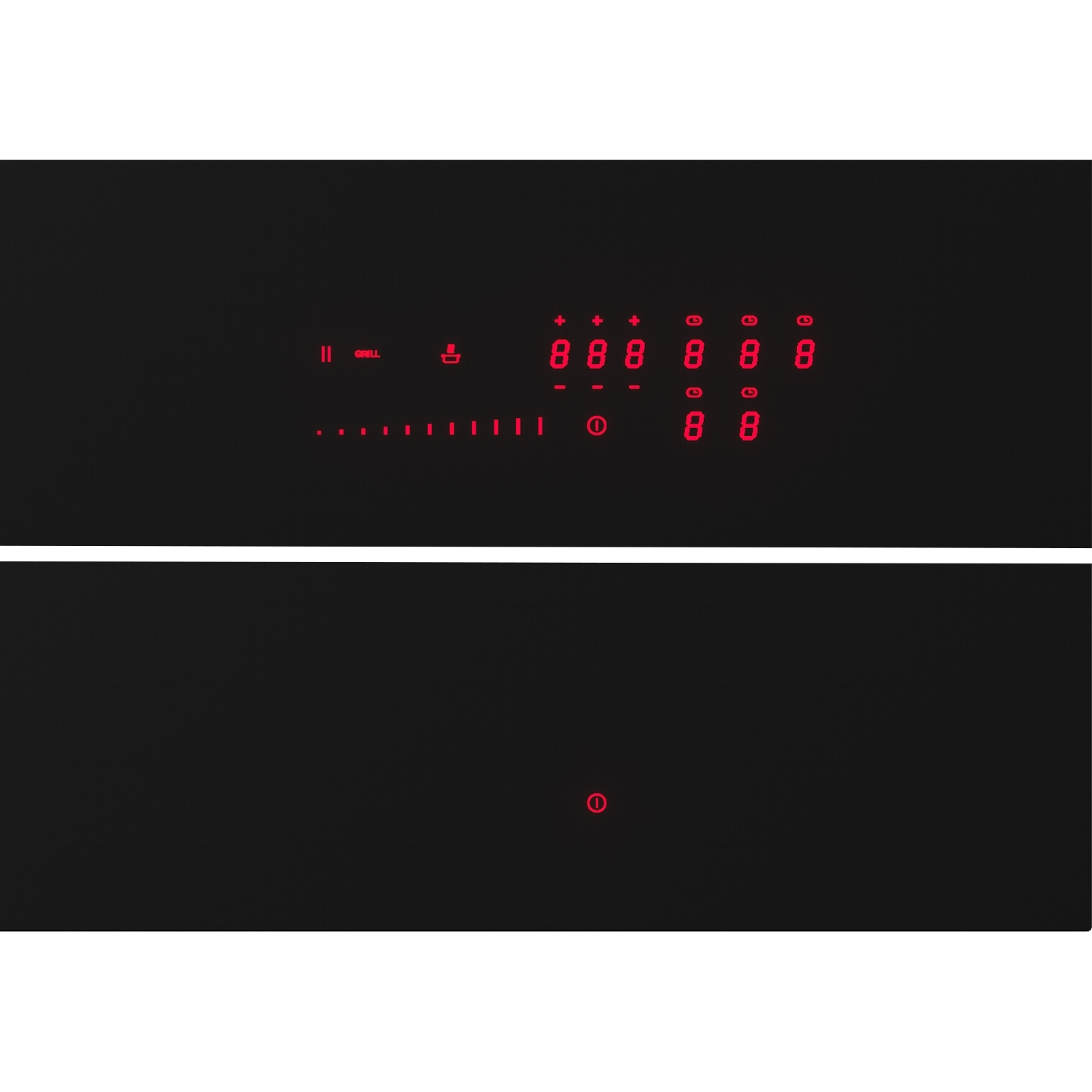 Black oven control panel with red illuminated numbers and symbols.