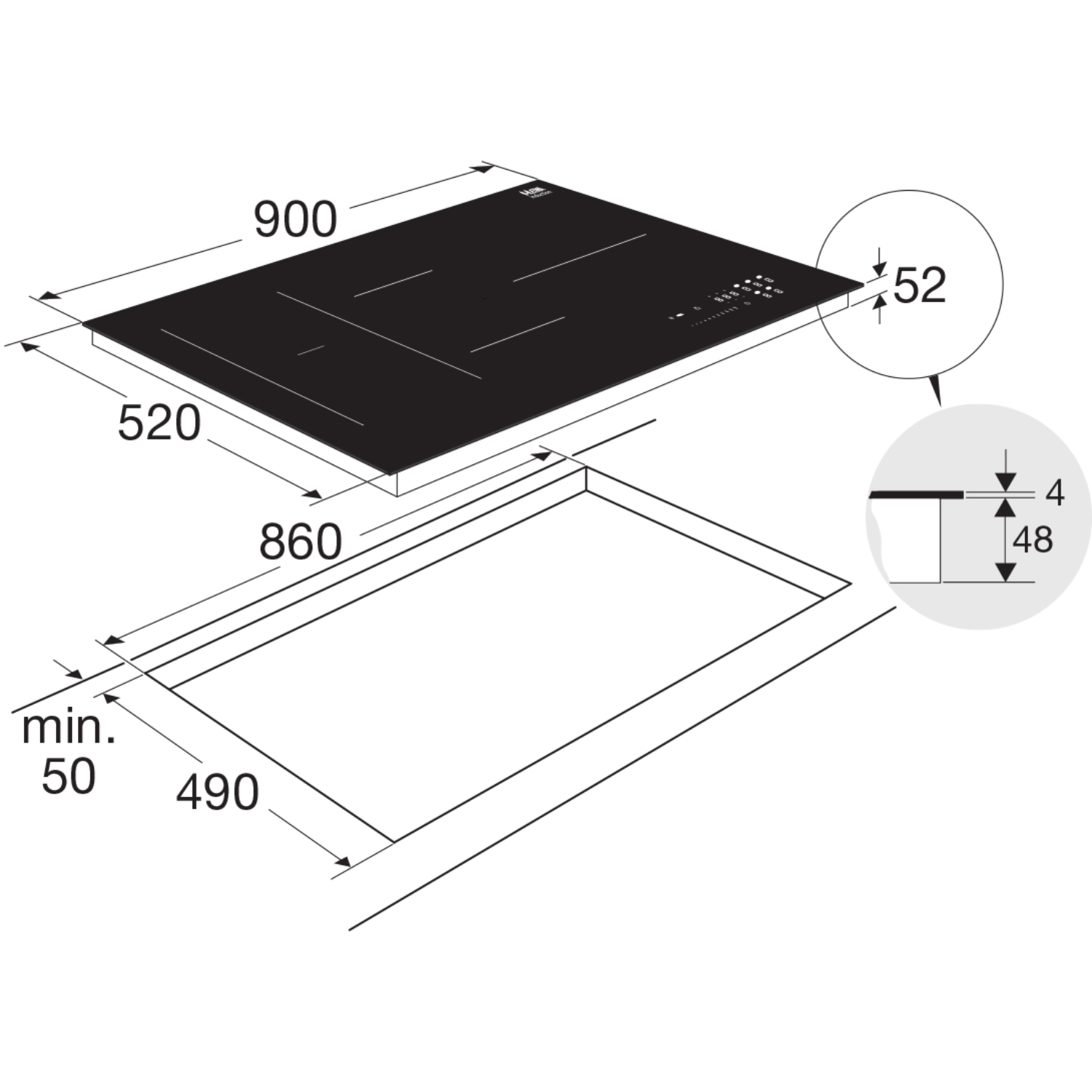 A black induction cooktop with measurements and a close-up circle.