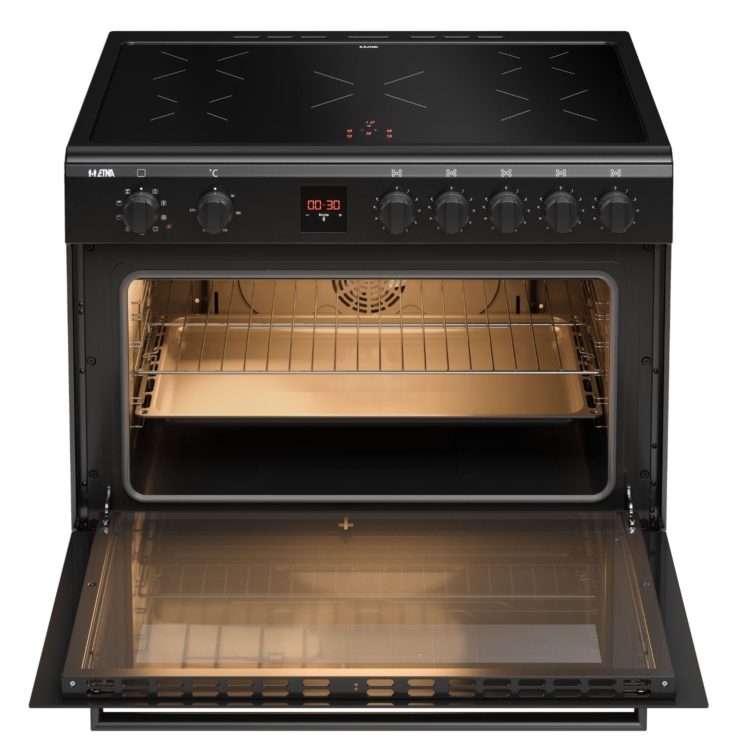 A black oven with the door open, showing the interior and a tray inside.