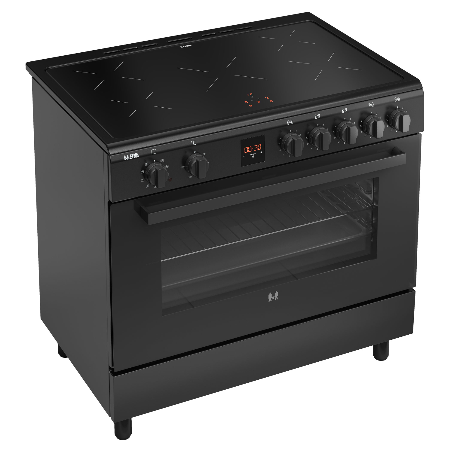 A black electric stove with four burners, an oven, and a control panel. The oven door is transparent.