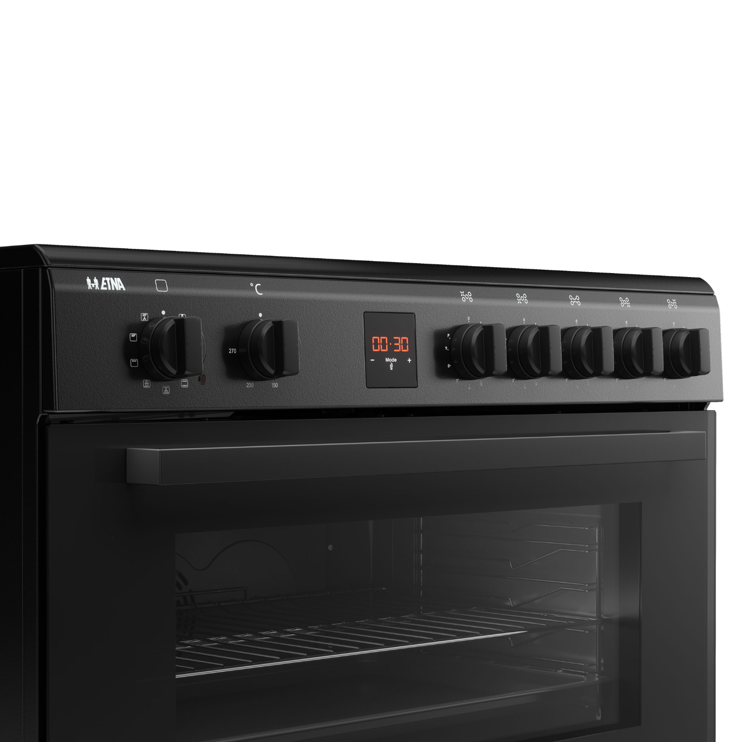 Black METNA oven with controls. Oven door open, interior visible. White background.