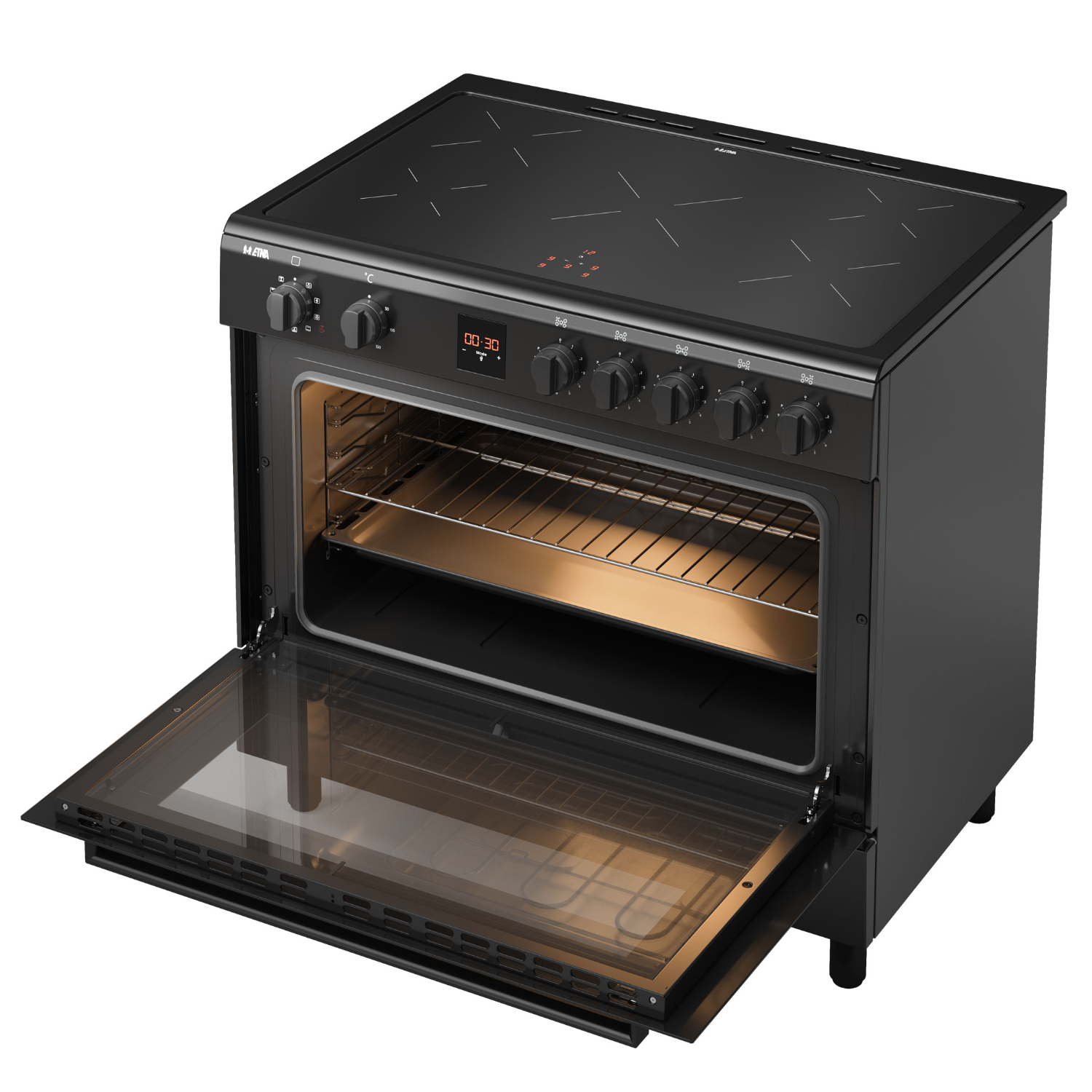 Black oven with open glass door. Cooking rack visible inside; control panel to the left.