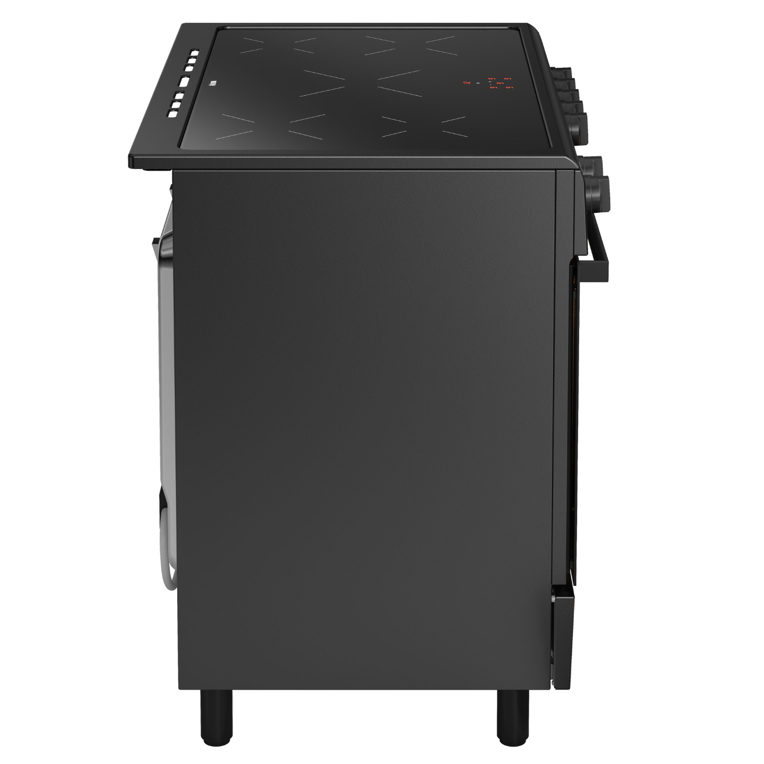 Black oven with control panel and door, side view.