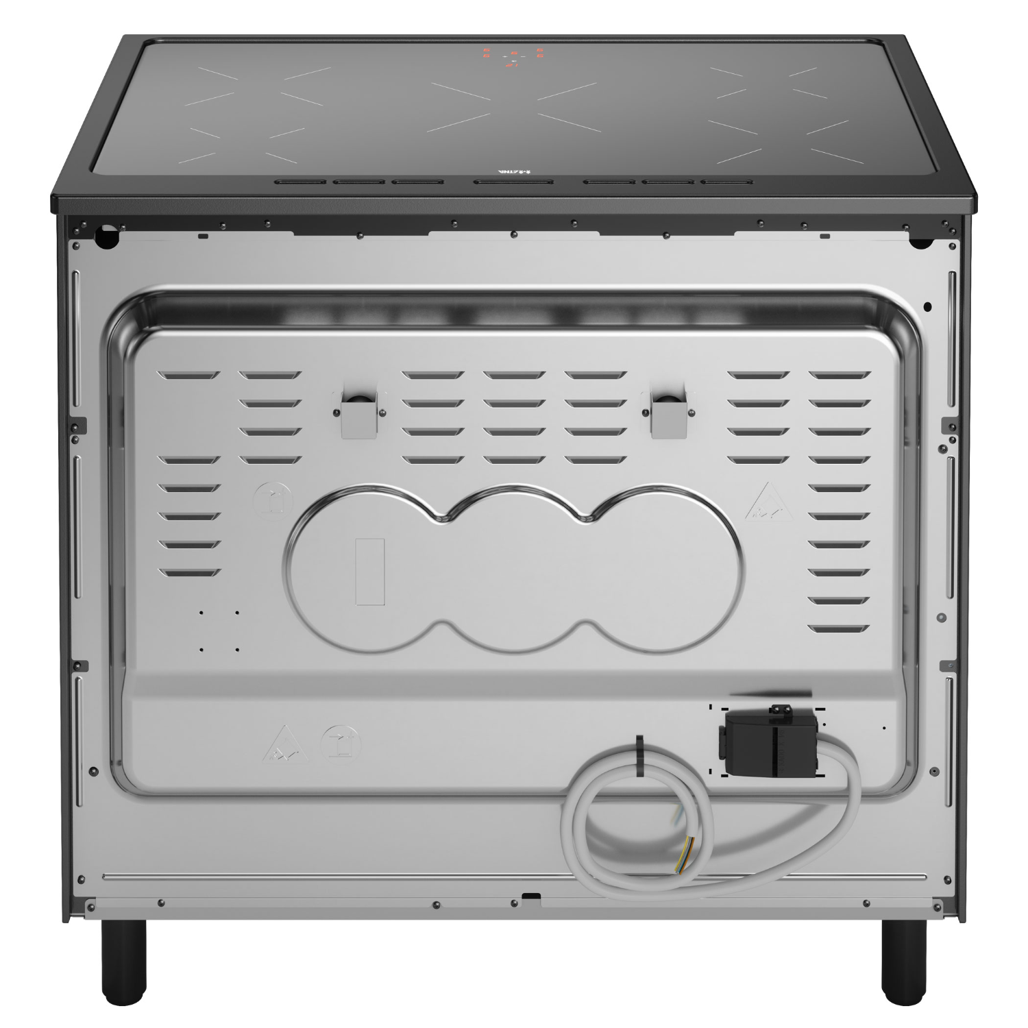 Back view of a black induction hob stove with multiple vents and a cable connection.