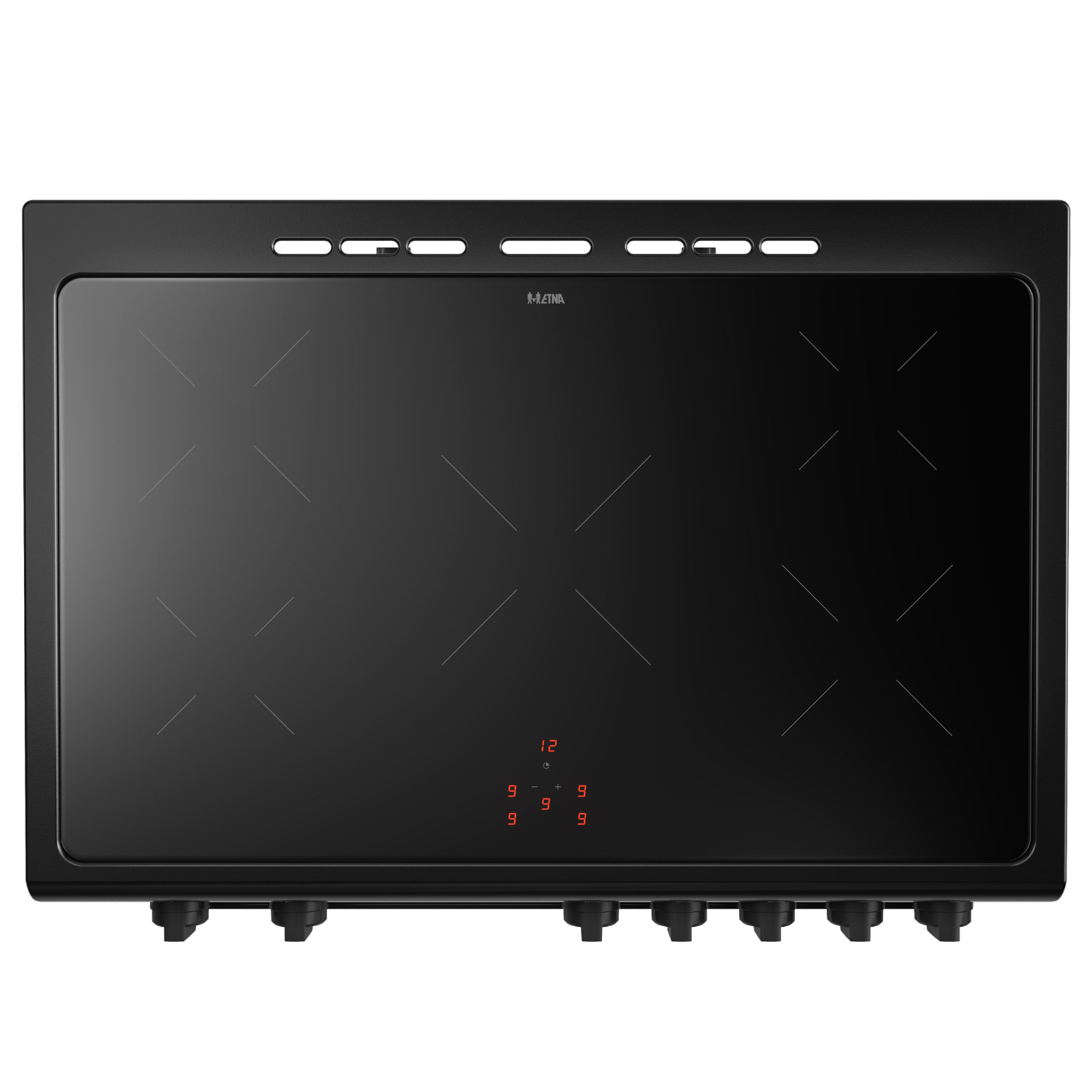 Black induction cooktop with indicators.