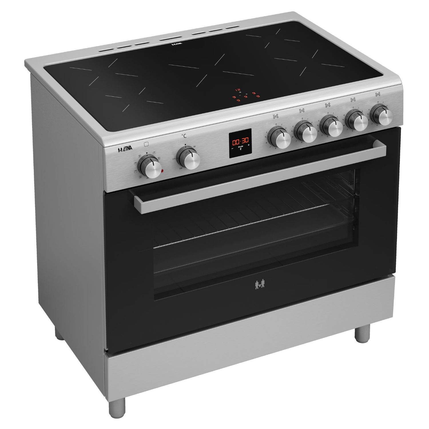 Silver oven with a black door and cooktop. Control panel and knobs visible.