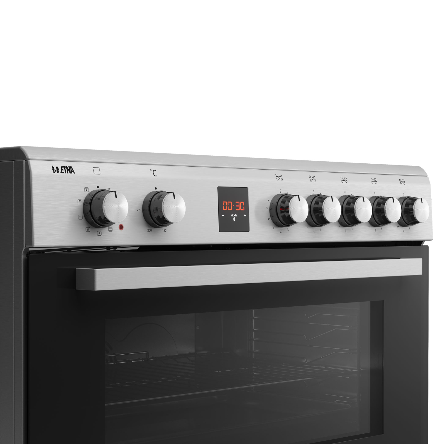 An Etna oven control panel with knobs, a digital display showing 00:30, and various symbols.