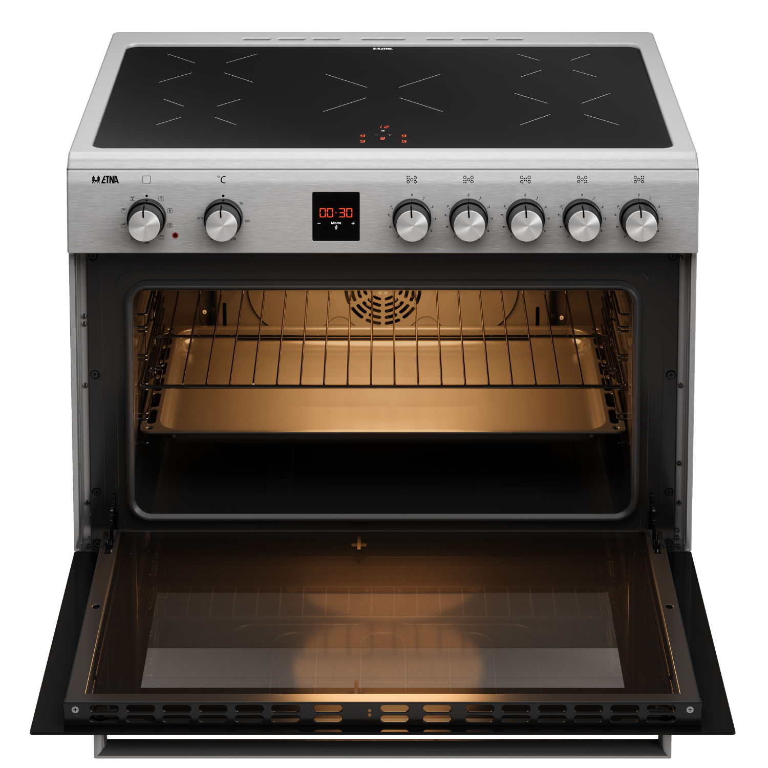An oven with the door open. The interior is lit, showing racks and a baking tray.