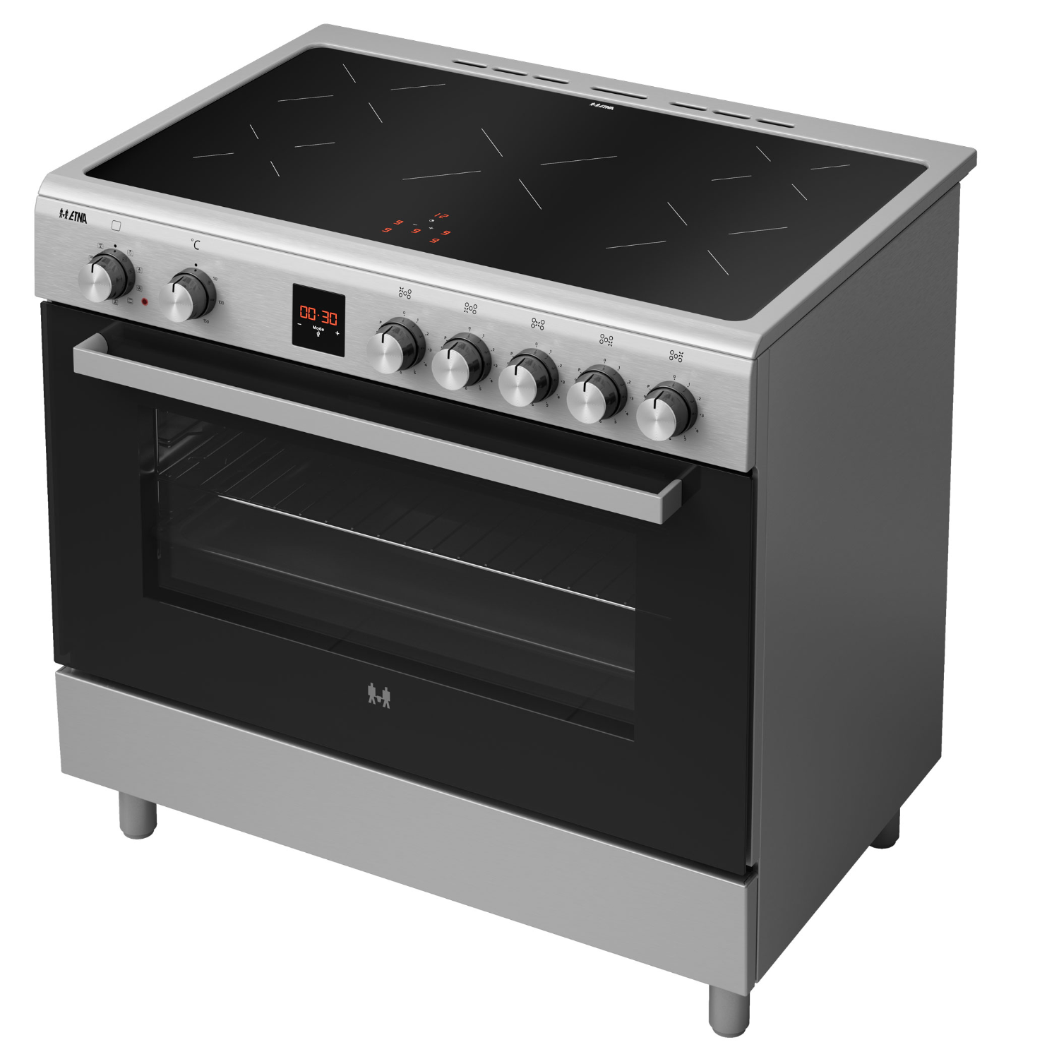 A stainless steel oven with a black glass top and oven door. It has knobs and a digital display.