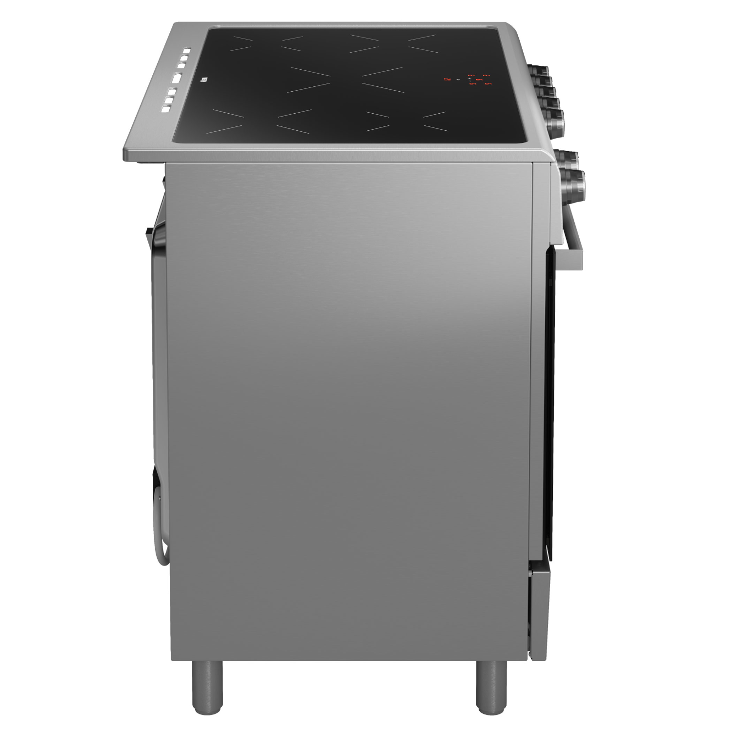 Silver stainless steel range oven. Top has black burners, control panel on the left.