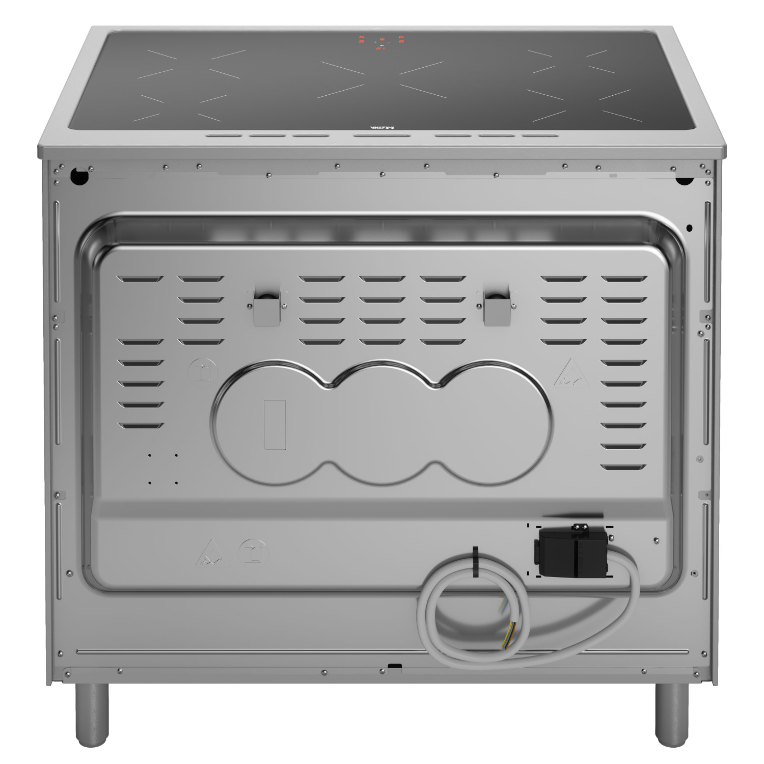 Back view of a silver electric stove with control panel on top and a metallic back.