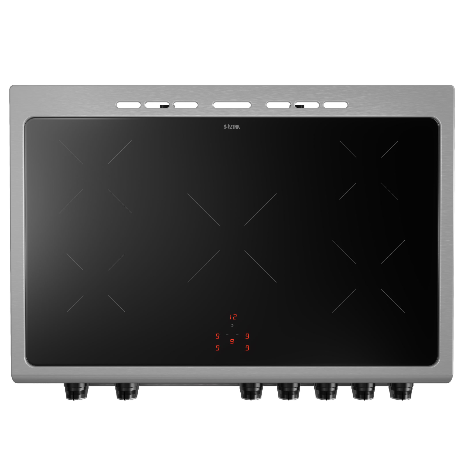 Stainless steel cooktop with black glass and numbered controls and 4 cooking zones.