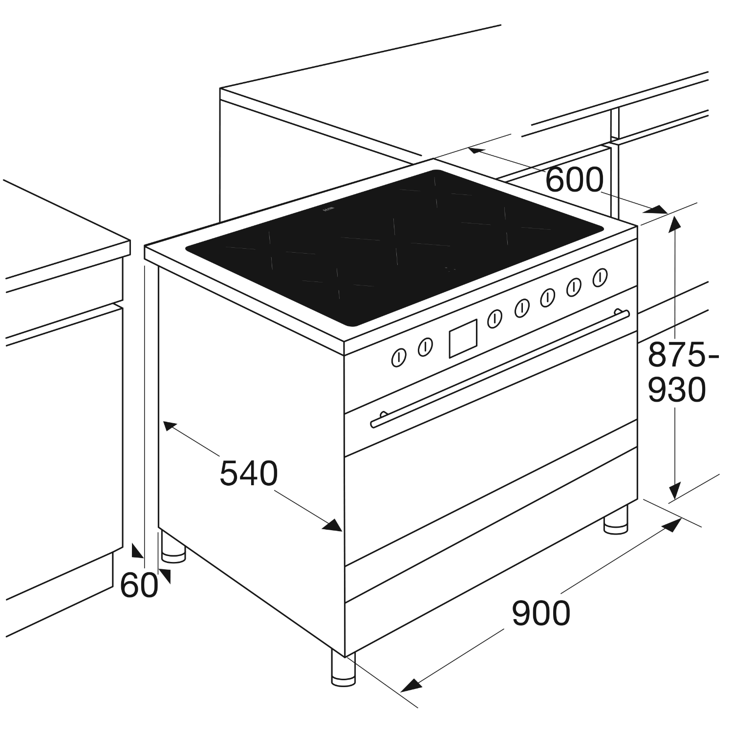Technical drawing of a stove showing dimensions: 60x540x900mm. White and black lines.