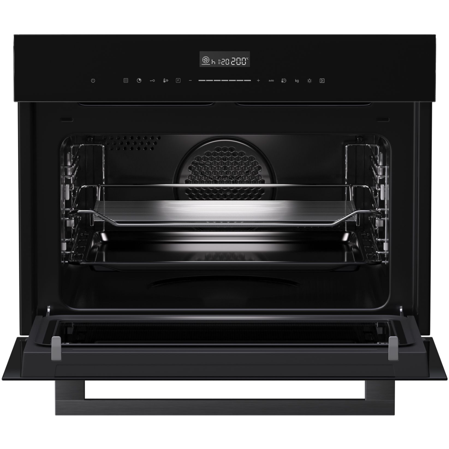 Zwarte oven met de deur open, met de binnenkant zichtbaar.
