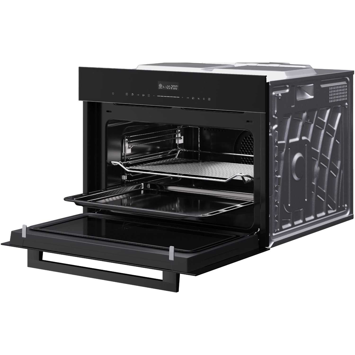 Zwarte oven met open deur, met interne planken en interne componenten.
