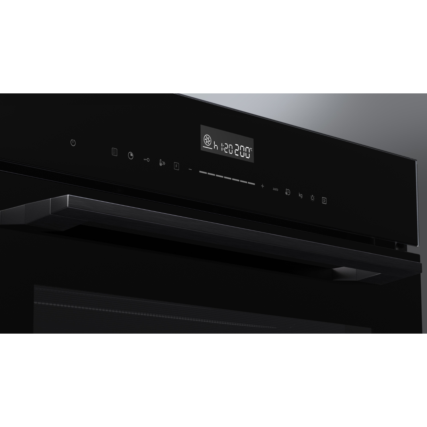 Close-up van een zwart ovenbedieningspaneel met een display met tijd en diverse iconen.