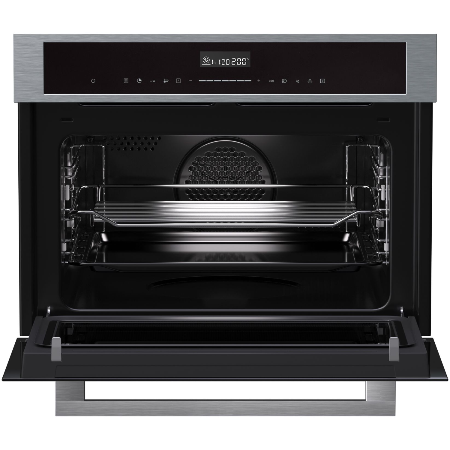 Een open roestvrijstalen oven met een display. Het ovenrooster en de bakplaat zijn binnenin zichtbaar.
